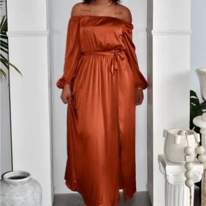 NWOT satin copper off the shoulder long dress